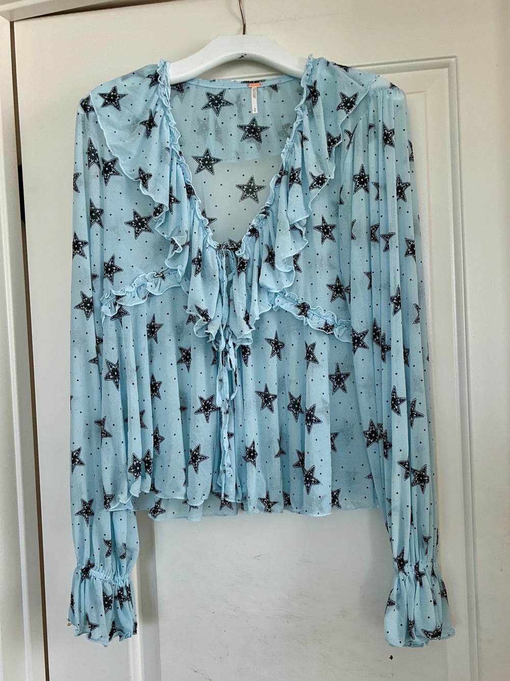 Free People NWOT Baby Blue Star-Print Ruffle Tie Blouse